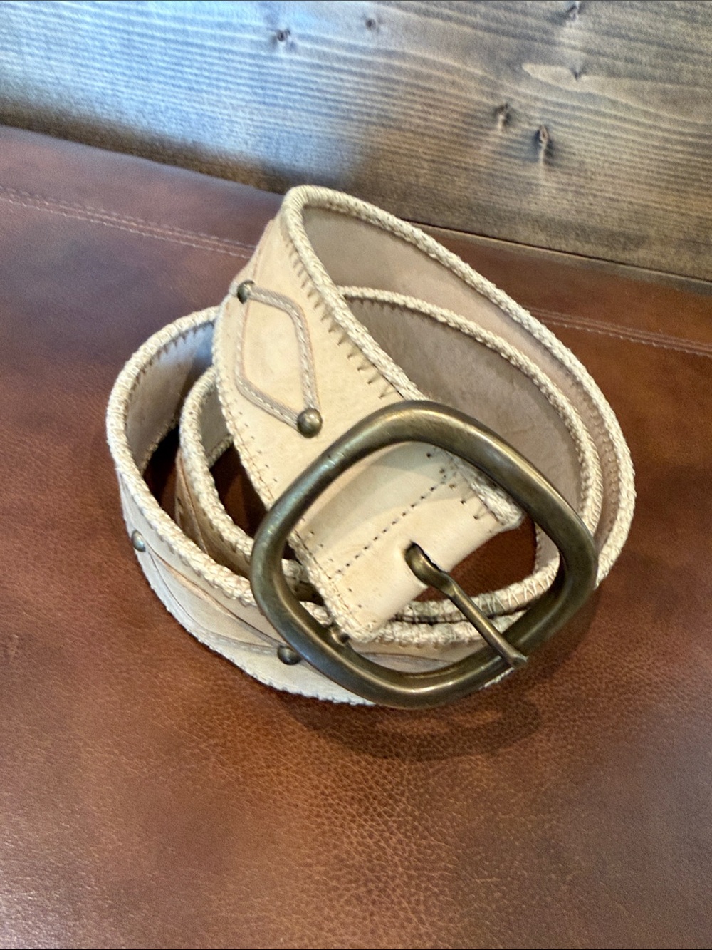 Streets Ahead Cream Leather Belt with Antique Brass Oval Buckle